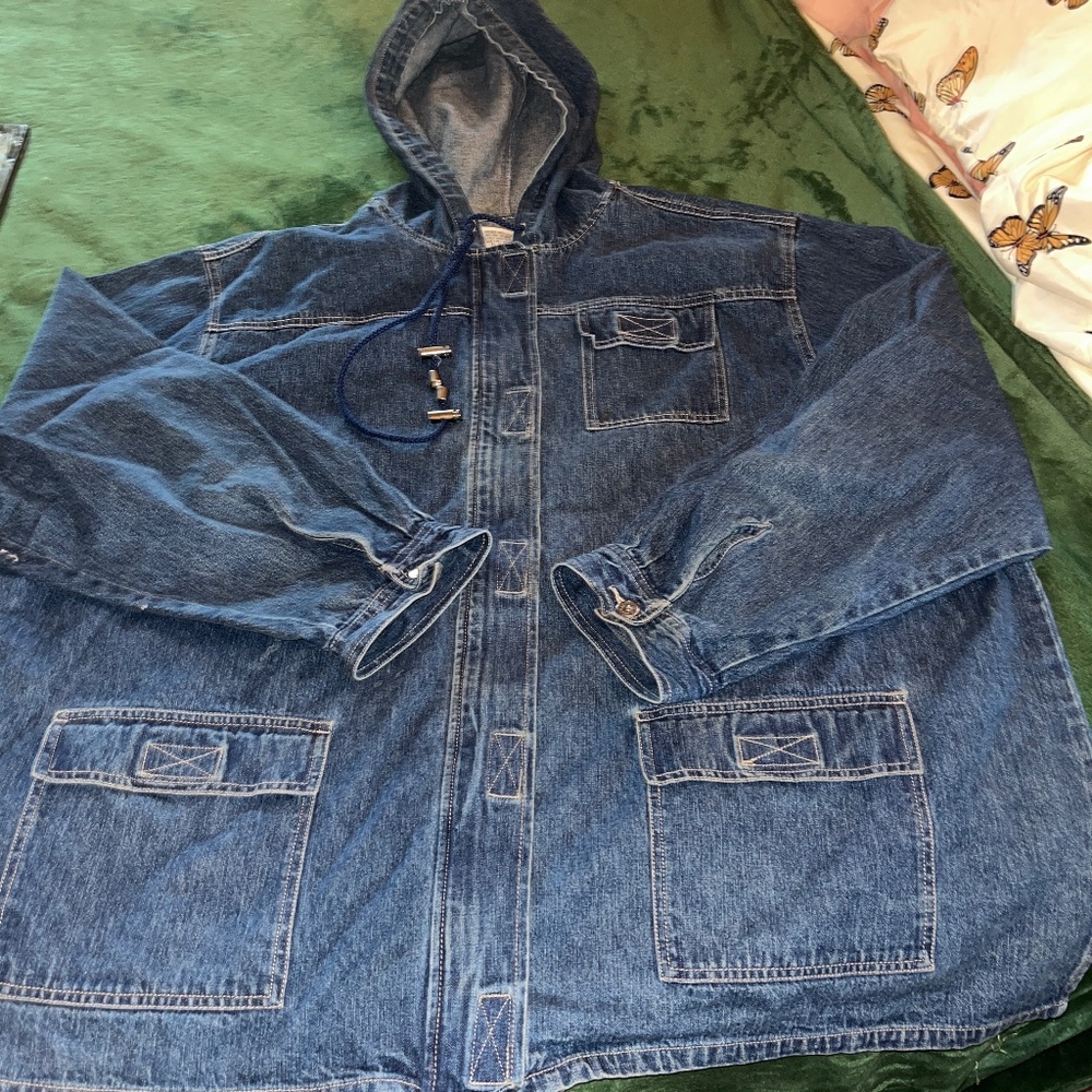 Women’s plus size lightweight, jean jacket with beautiful hand painted flowers